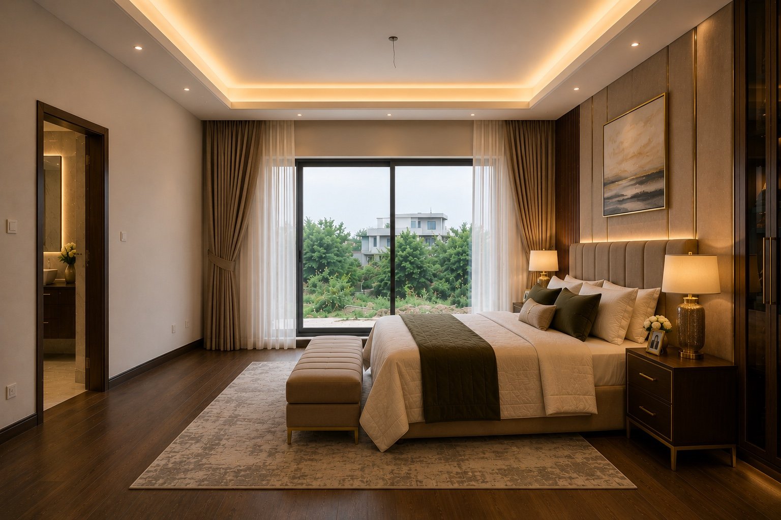 After — a finished, warmly lit luxury master bedroom by Jaan M. Studios