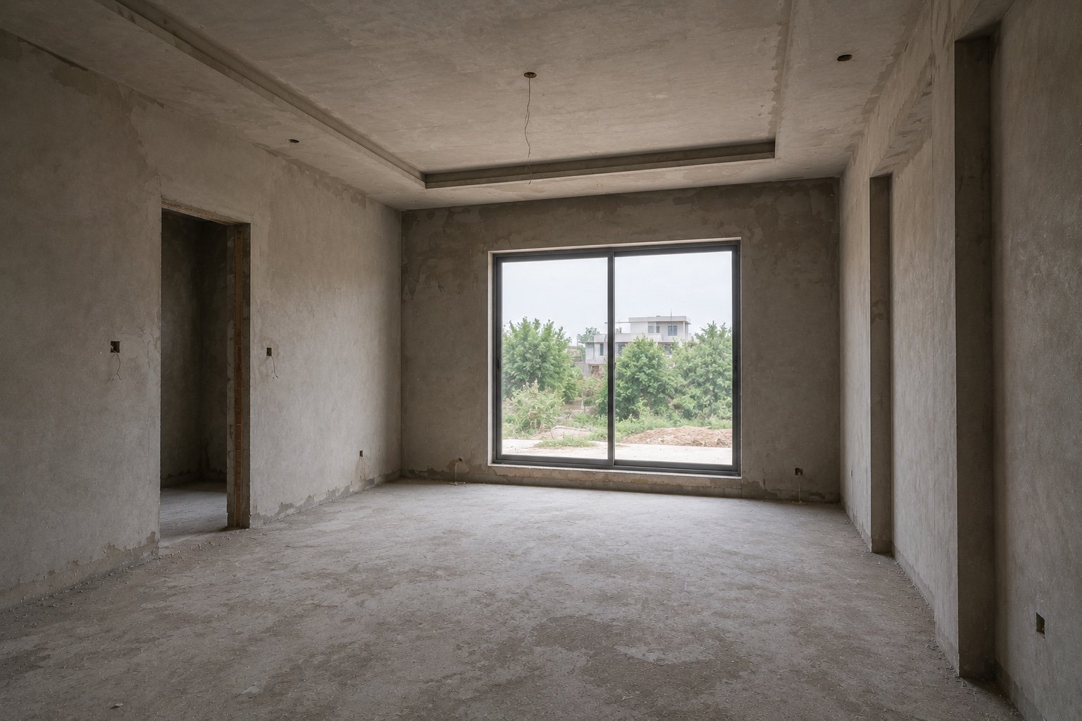 Before — a bare, plastered bedroom shell with the window opening